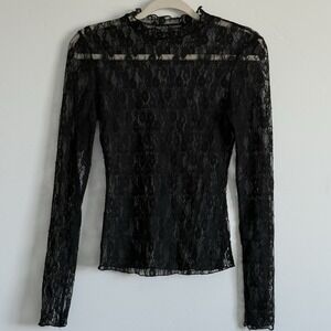 Black Lace Top Floral Sheer Blouse Top Whimsigoth Sexy Layers Stretch Woman M/L